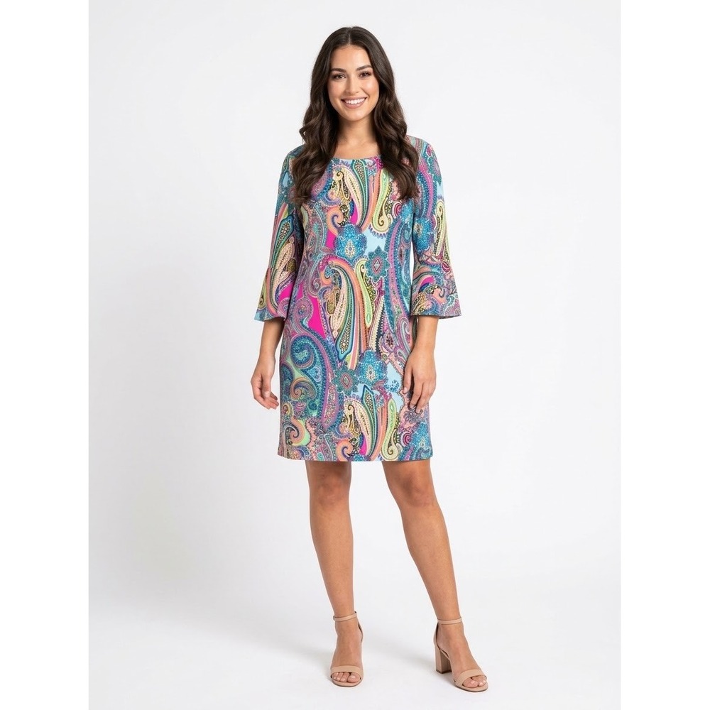 Tommy Hilfiger Women Paisley Bell Sleeve Shift Dress Multi Color 14 NWT